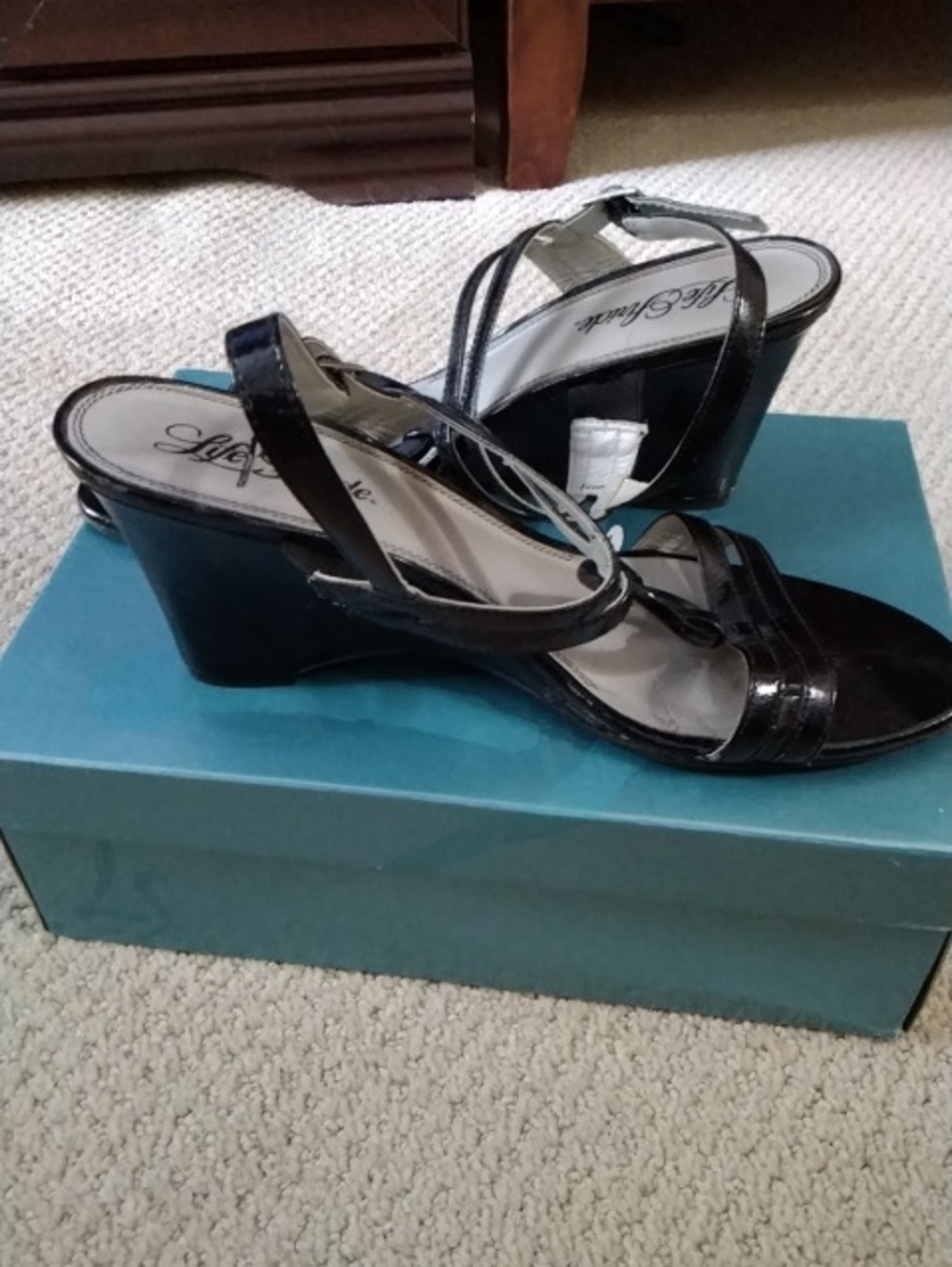 Life Stride Black Patent Wedge Sandals with Strappy Open Toe